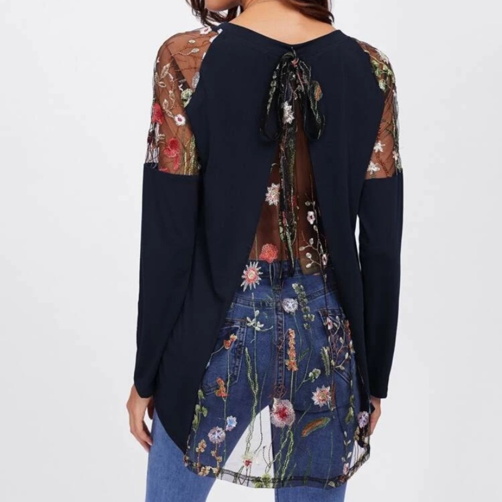 Embroidered botanical mesh shirt